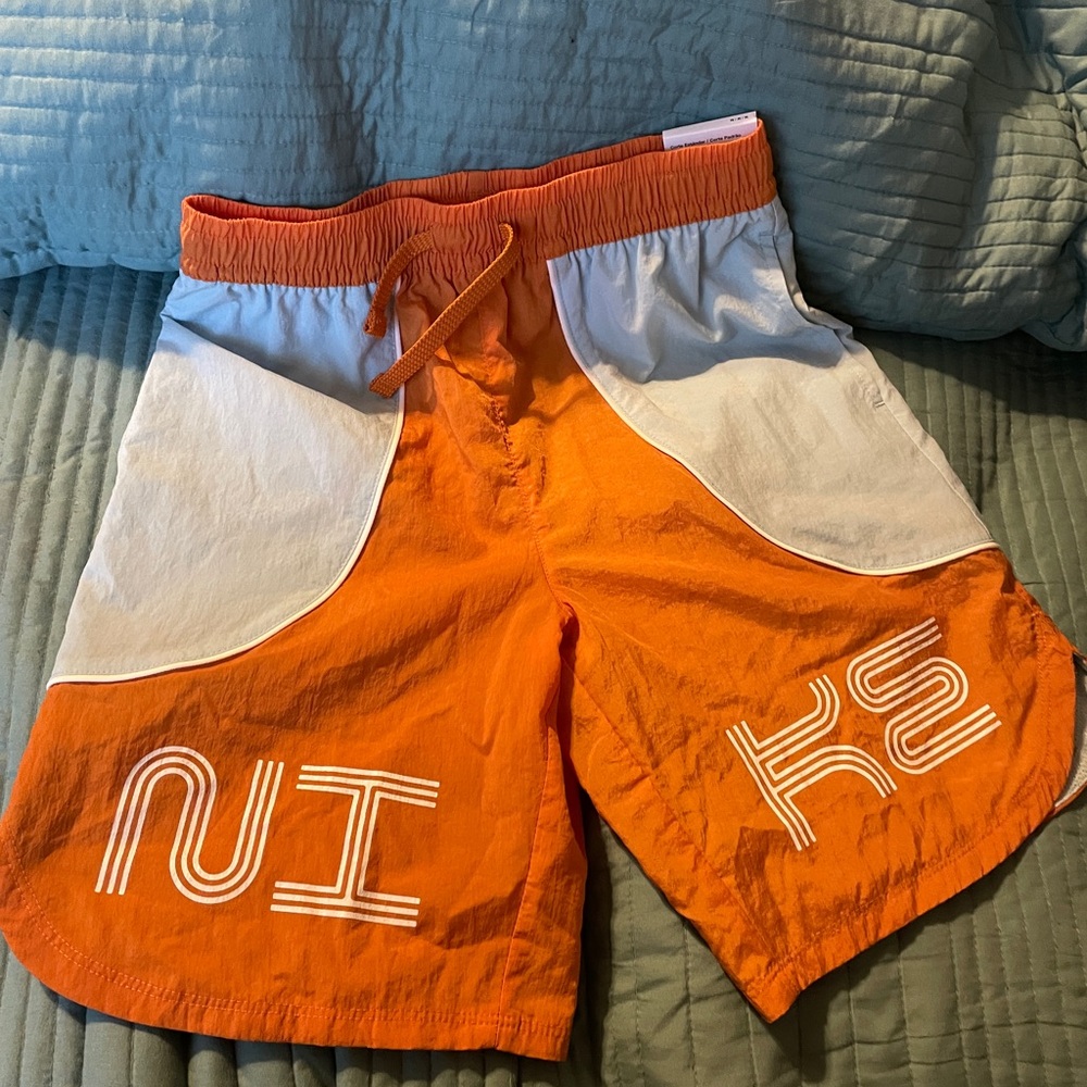 NWT Nike Boys Orange Blue White Athletic Pull On Tie Shorts M Sporty Beach